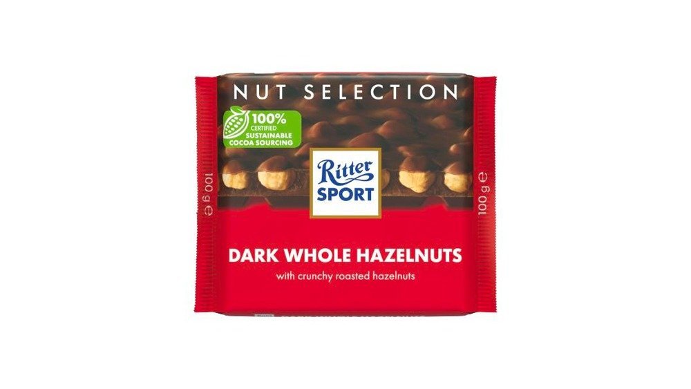 RITTER SPORT შოკოლადი შავი შოკოლადი მთლიანი თხილით (100 gr)