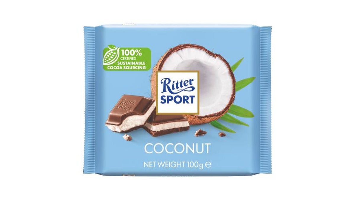 Ritter Sport მინდალი რძიან შოკოლადში Milk Chocolate with Whole Almonds and Coconut Filling (100 g)