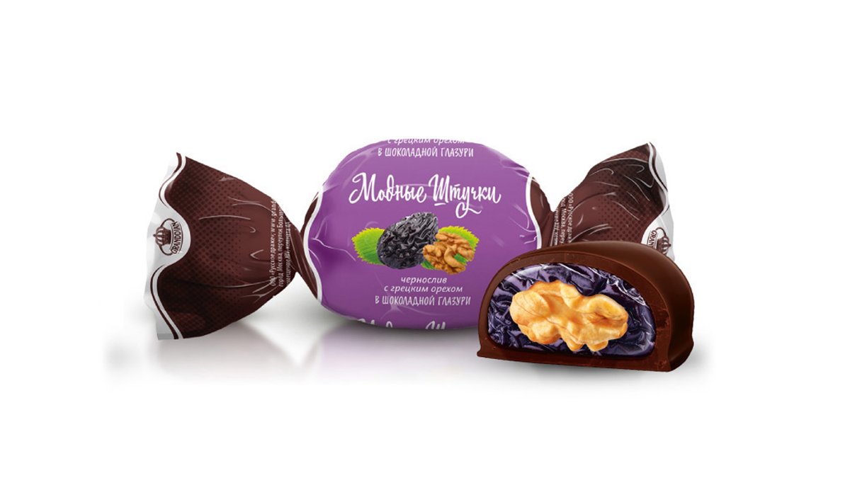 candy შავი ქლიავი ნიგოზითა და შოკოლადით