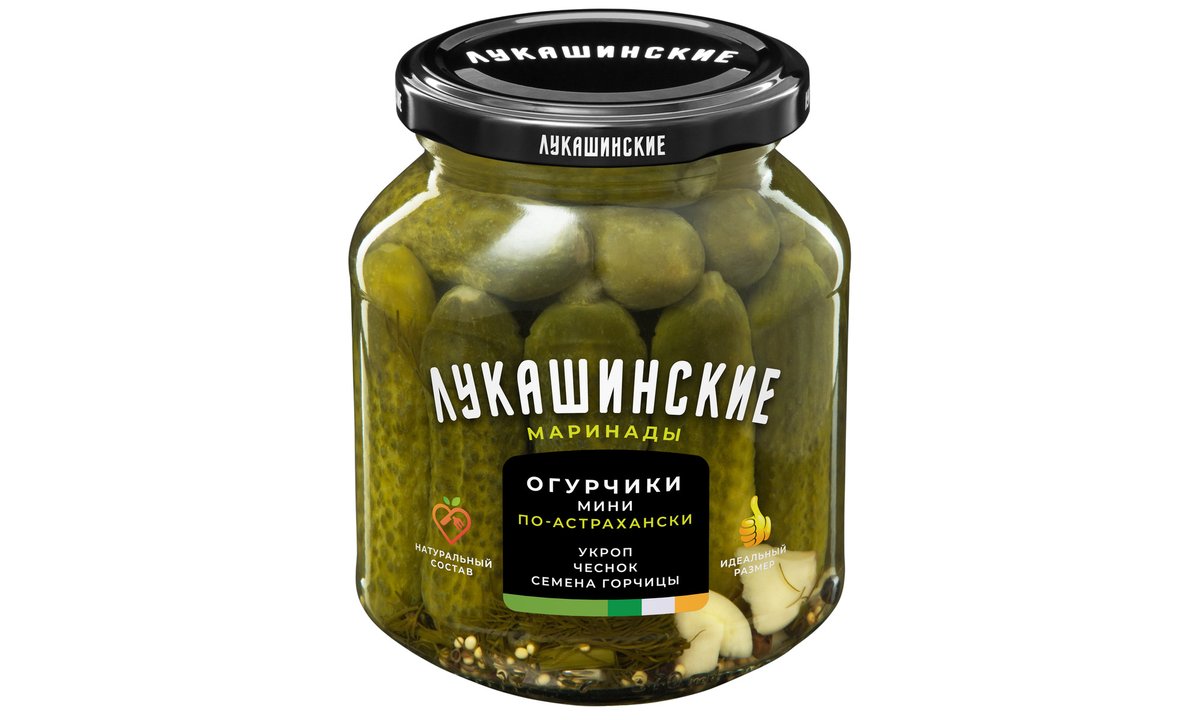 ლუკაშინსკიე Canned Cucumbers მინი კიტრი მწვანილით (340 გ)