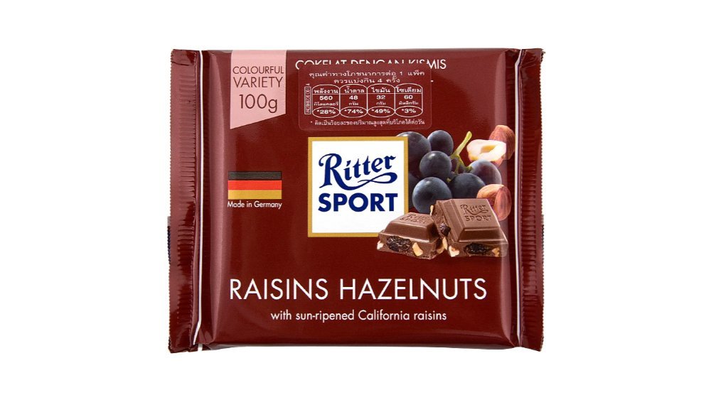 RITTER SPORT Шоколад რძიანი შოკოლადი ქიშმიშით და თხილით (100 g)